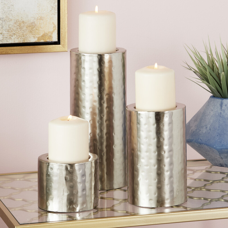 601183 CosmoLiving by Cosmopolitan Set of 3 Silver Metal Industrial Candle Holder, 11", 7", 4"